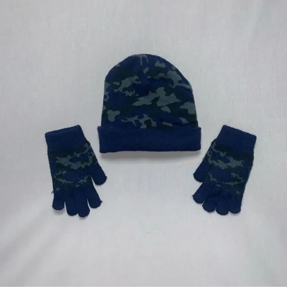 Blue Camouflage Winter Beanie Hat Glove Set Cap Snow Warm